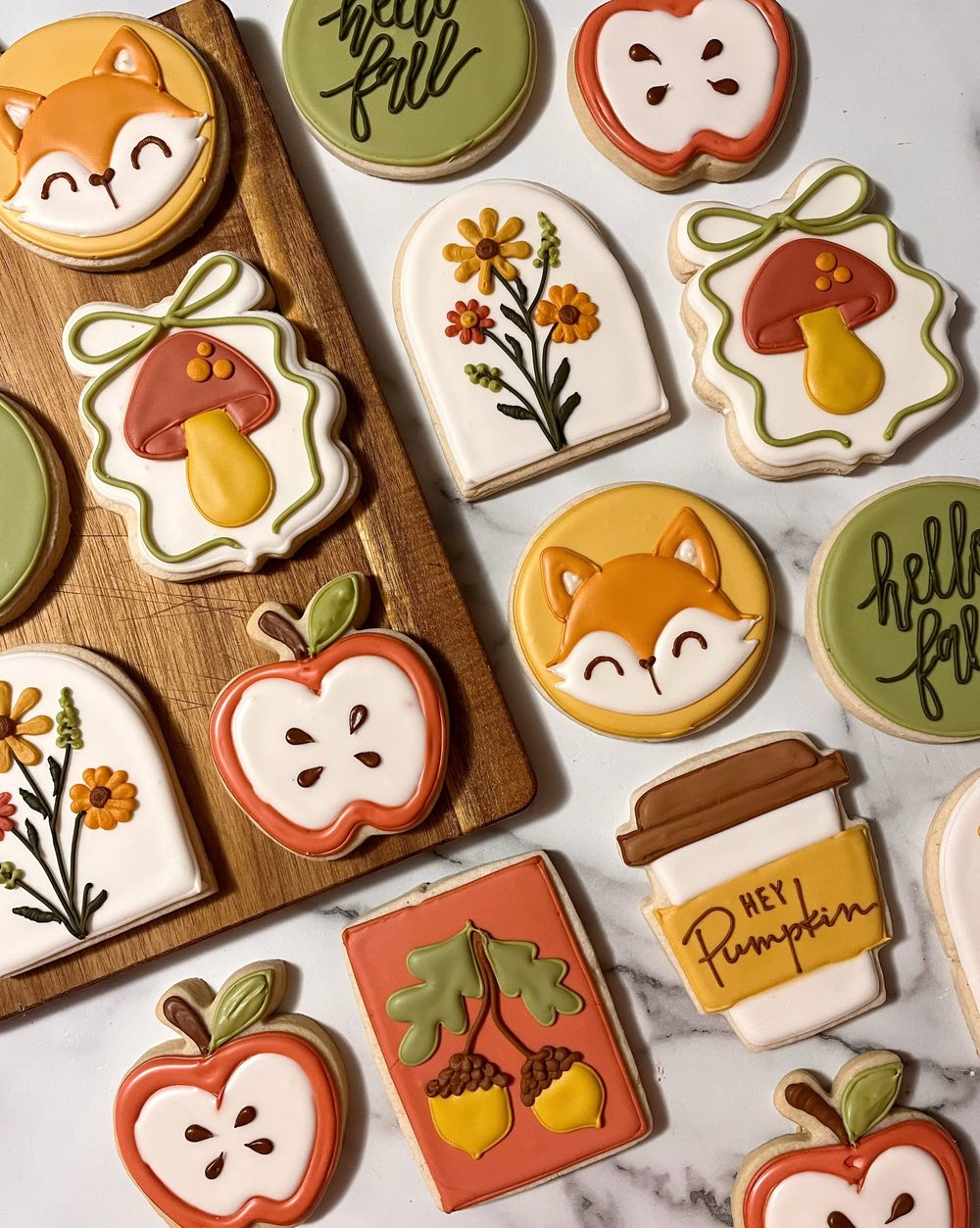 Fall cookie set with foxes, mushrooms, apples, flowers and a coffee cup